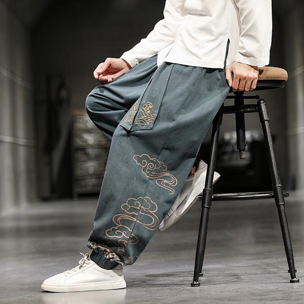 Pantalon large homme motifs japonais