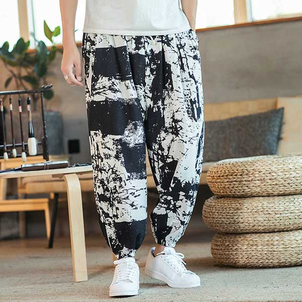 Pantalon japonais pour homme style Tie & dye noir et blanc-1.jpg