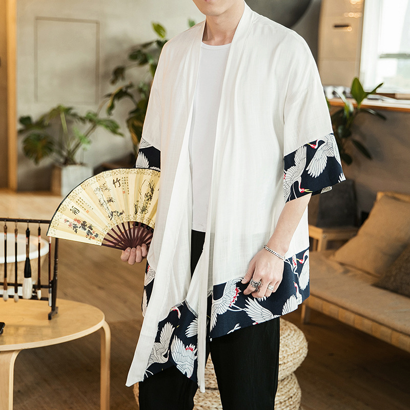 Veste Kimono Long Homme Japonais Grue