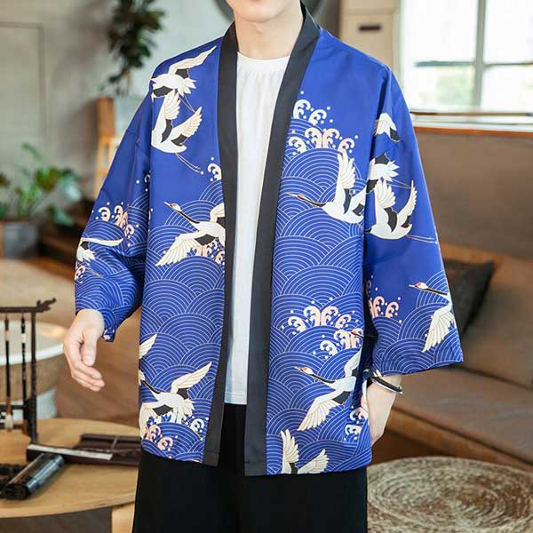 Veste Kimono Bleue Grue et Seigaiha-1.jpg