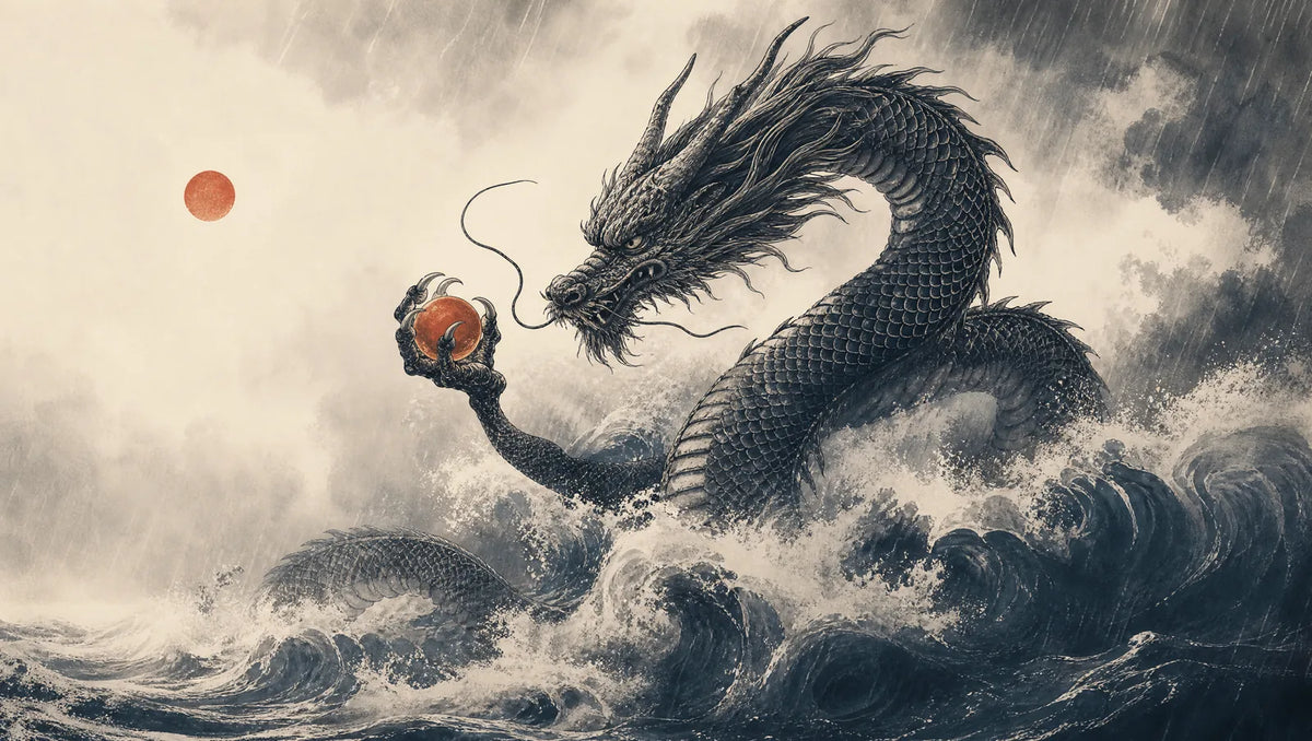 Dragon japonais serpentin sans ailes emergeant de vagues sombres sous la pluie, ecailles encrees indigo