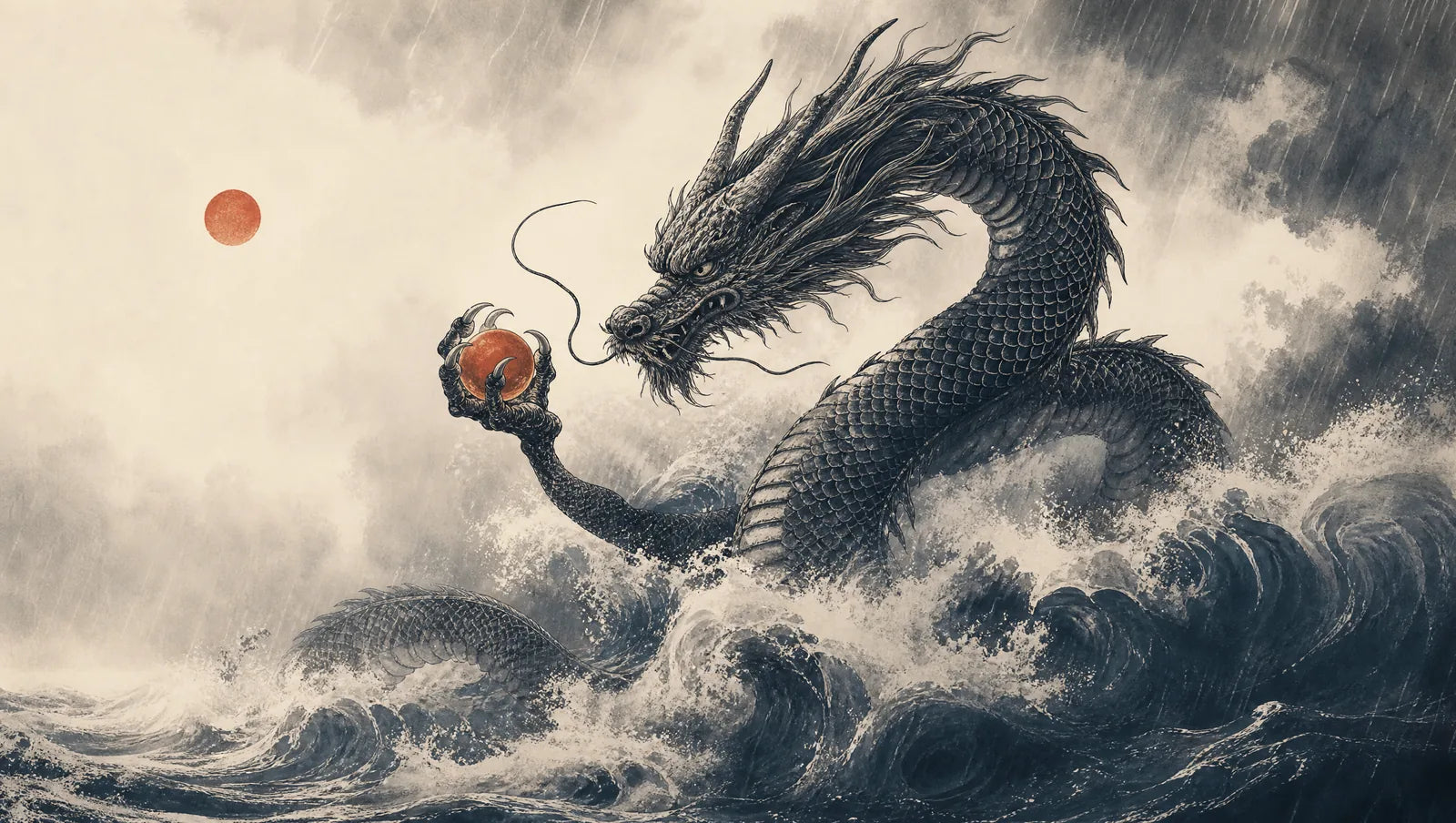 Dragon japonais serpentin sans ailes emergeant de vagues sombres sous la pluie, ecailles encrees indigo
