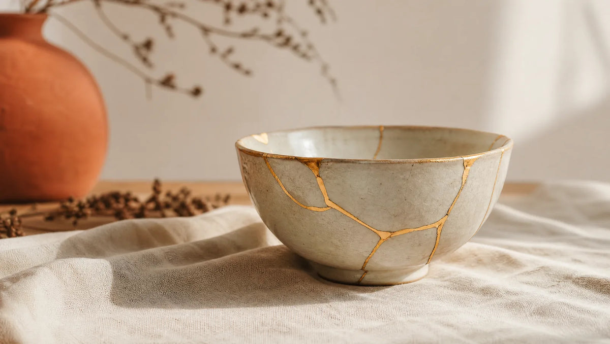 Bol en céramique claire réparé selon le kintsugi, fines veines d'or soulignant les lignes de cassure, posé sur une surface en lin écru à la lumière douce