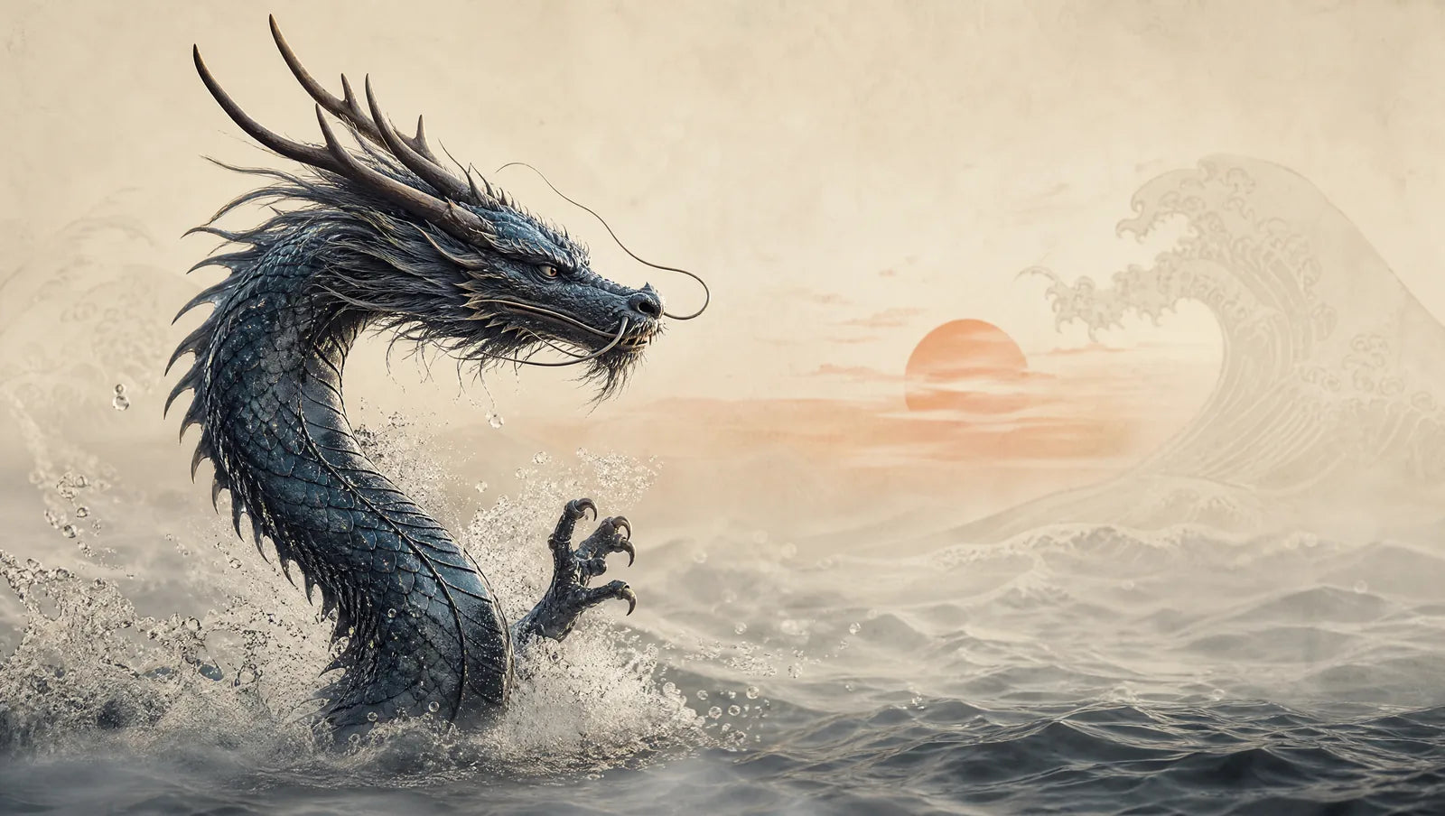 Dragon japonais ryū serpentin émergeant d'une mer brumeuse à l'aube, écailles sombres et écume blanche, cornes dressées, ambiance éditoriale Kinfolk