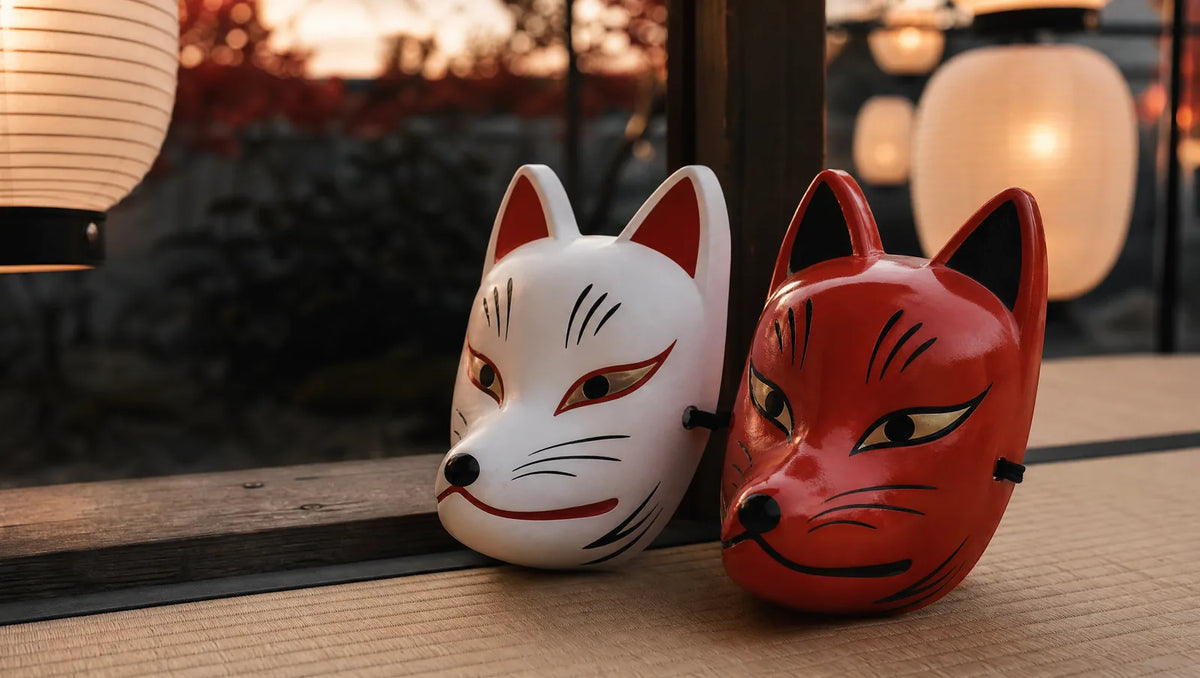 Masque kitsune blanc traditionnel et masque rouge vermillon posés côte à côte sur bois sombre, lanternes de festival floues en arrière-plan