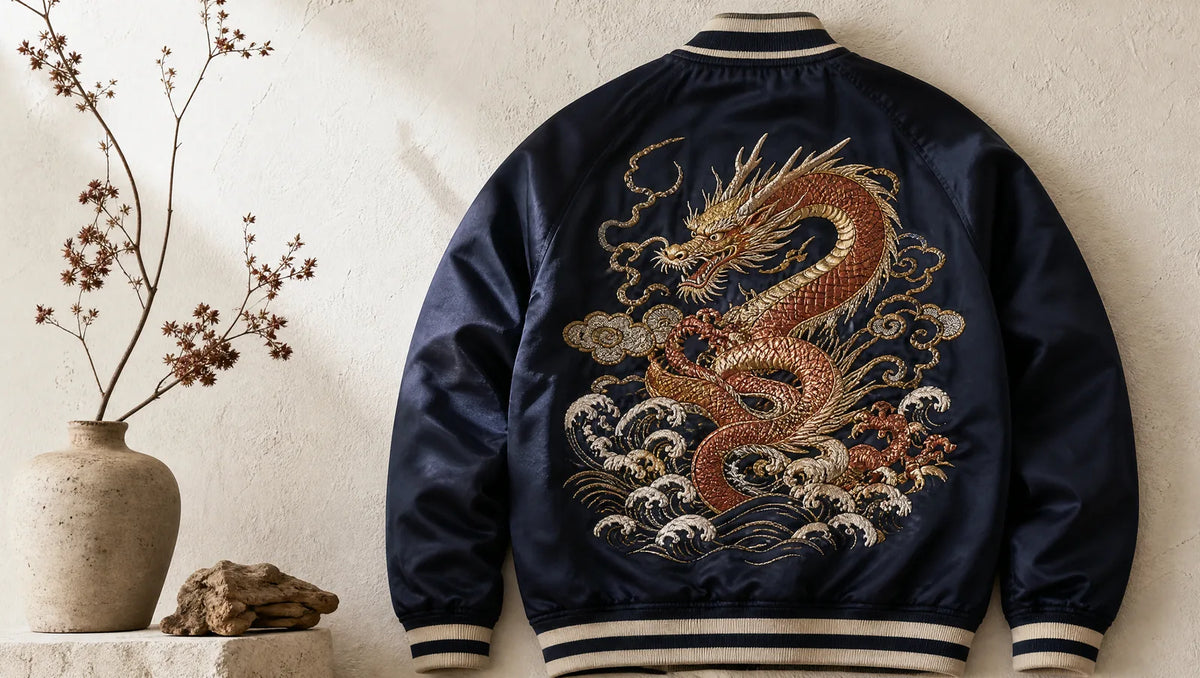 Dos d'un blouson sukajan sombre brodé d'un grand dragon japonais parmi vagues et nuages, fils terre cuite et or, posé sur un mur ivoire