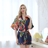 Peignoir Kimono Japonais Fleuri, coloris Bleu marine