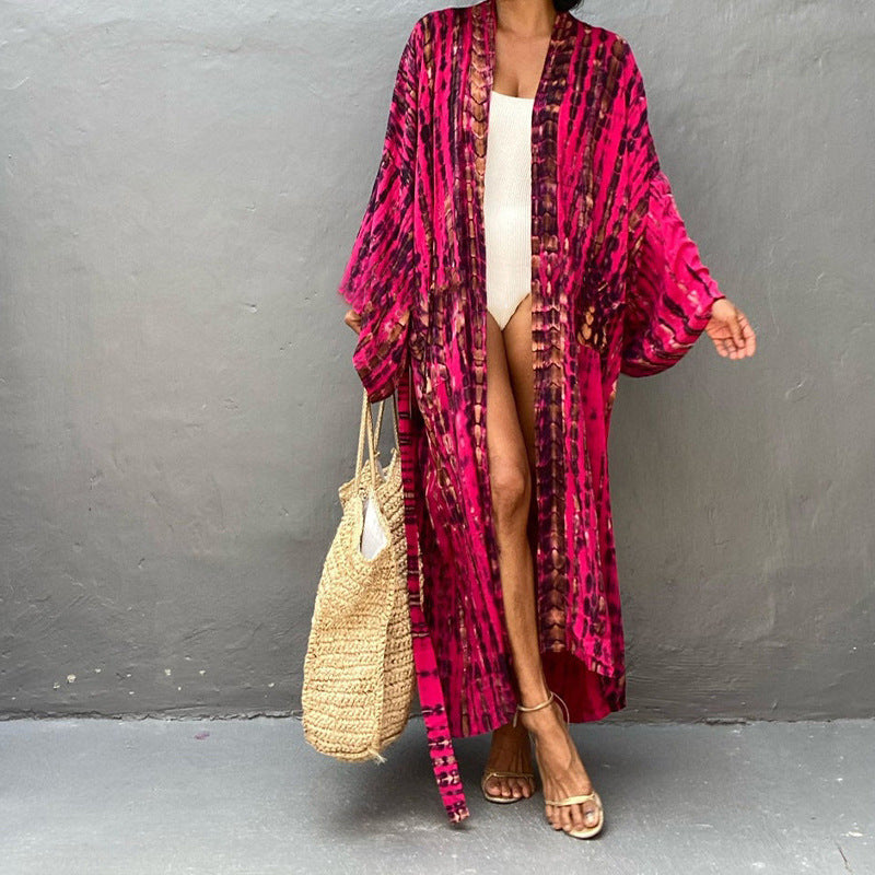 Peignoir kimono léger en coton, coloris fuchsia dégradé, photo produit
