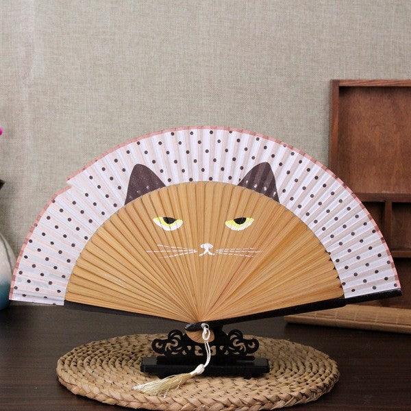 Éventail japonais motif chat, coloris Brun