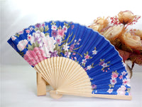Éventail pliant japonais en bambou, coloris Bleu Roi Fleuri