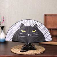 Éventail japonais motif chat, coloris Noir