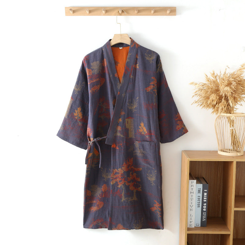 Kimono Homme Coton Motif Paysage, coloris Bleu ardoise