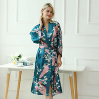 Peignoir Kimono à Motif Paon, coloris Bleu marine