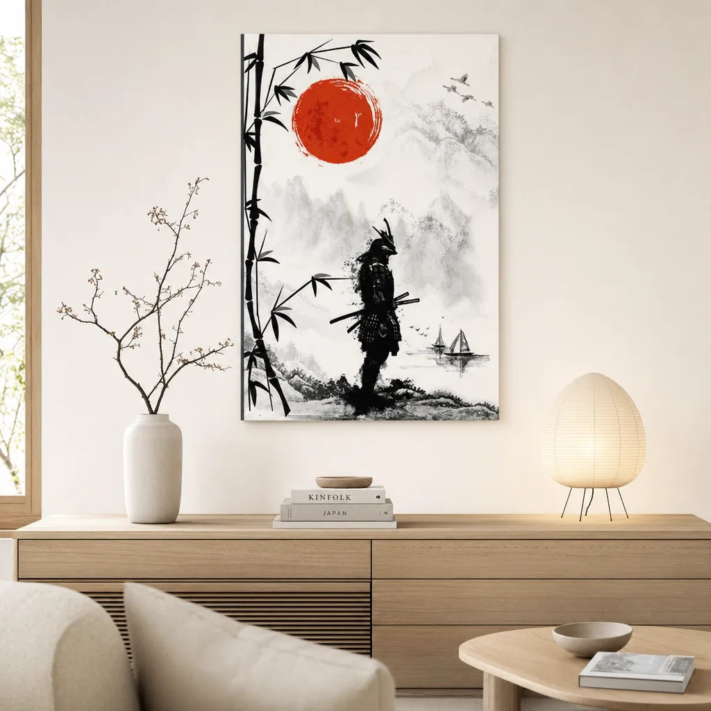 Tableau japonais samouraï solitaire accroché dans un salon clair