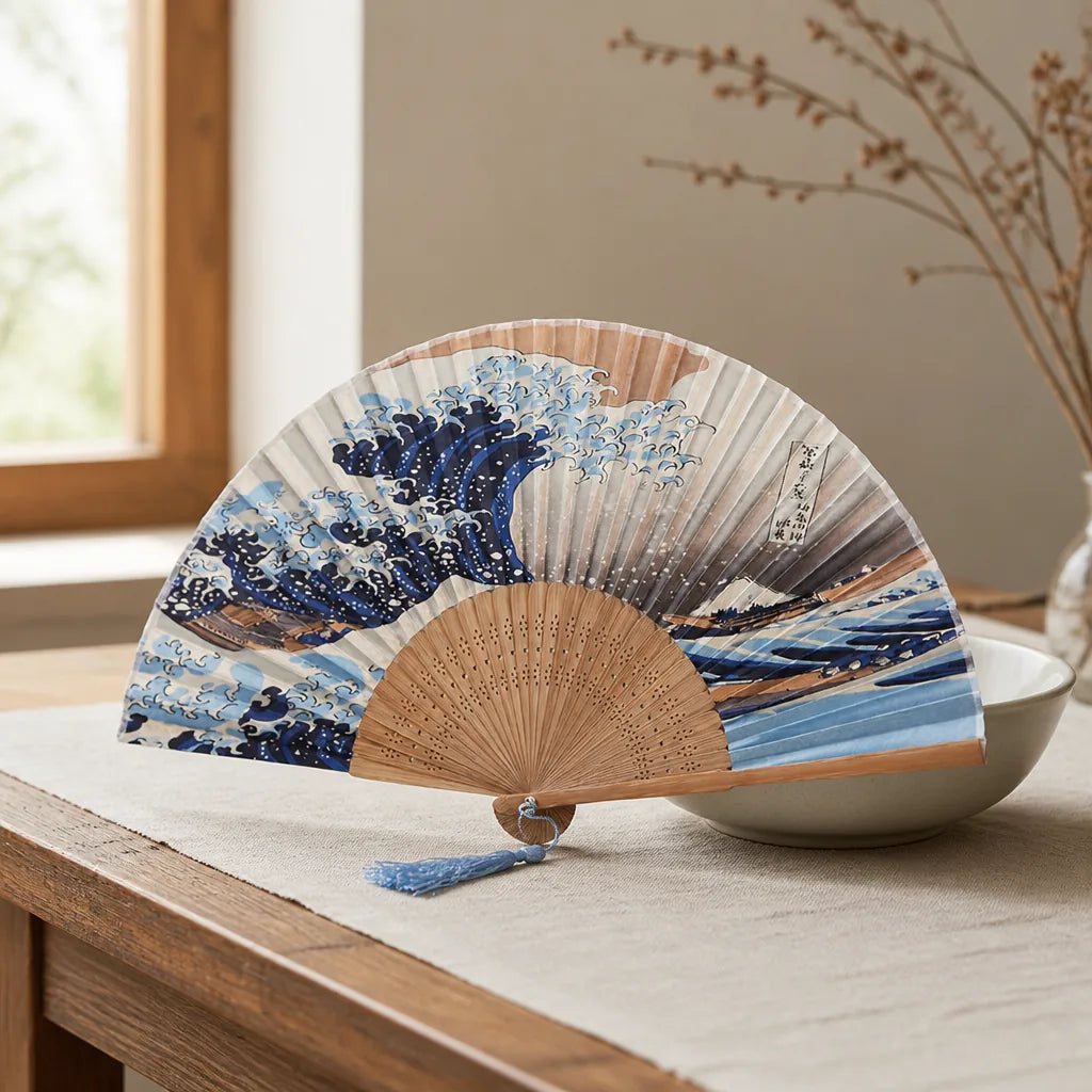 Éventail pliant japonais à motif de vague