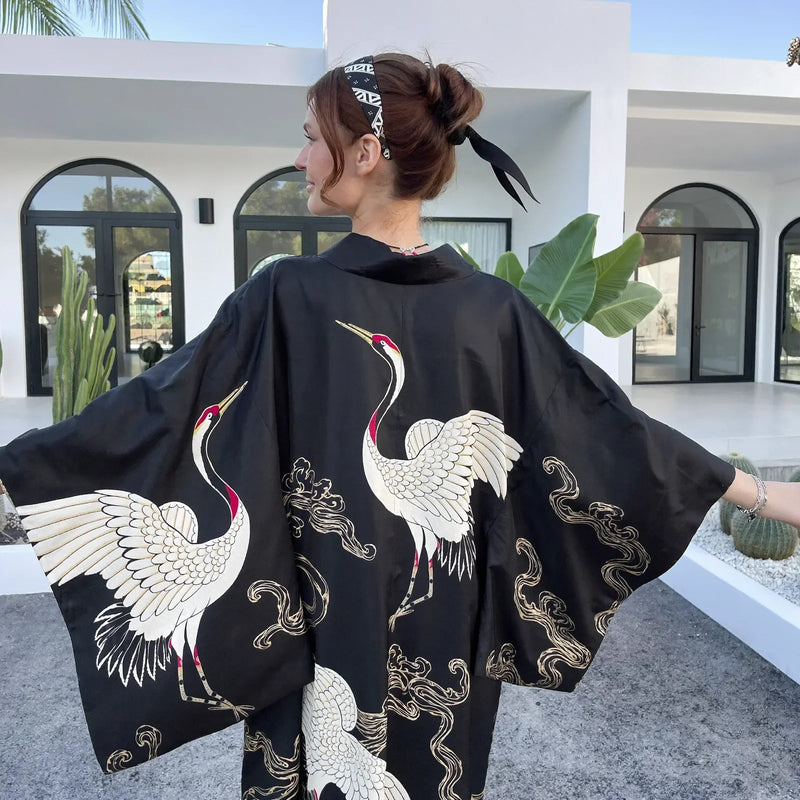 Veste kimono ample motifs grues