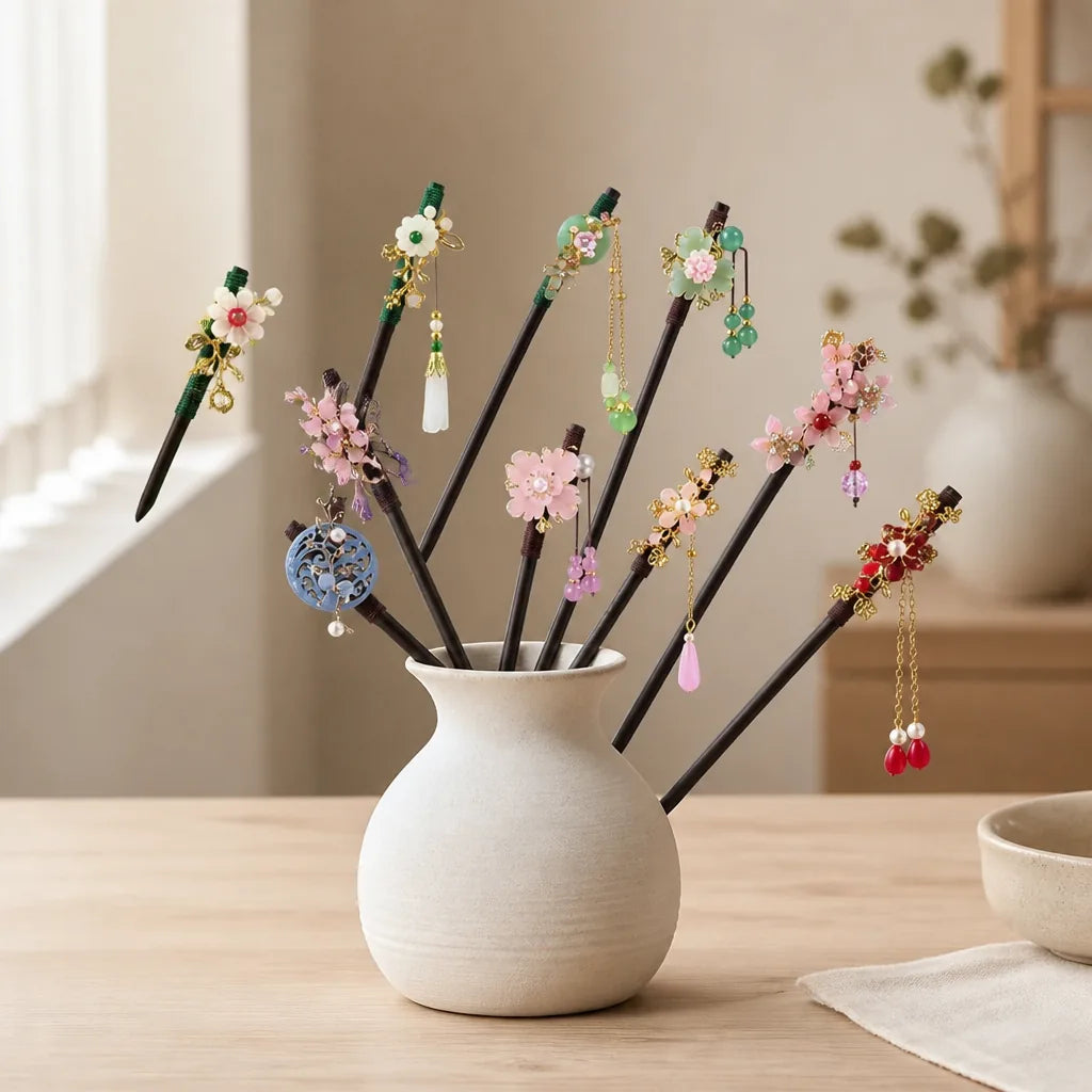 Épingle à chignon kanzashi — ornement floral avec pendeloques