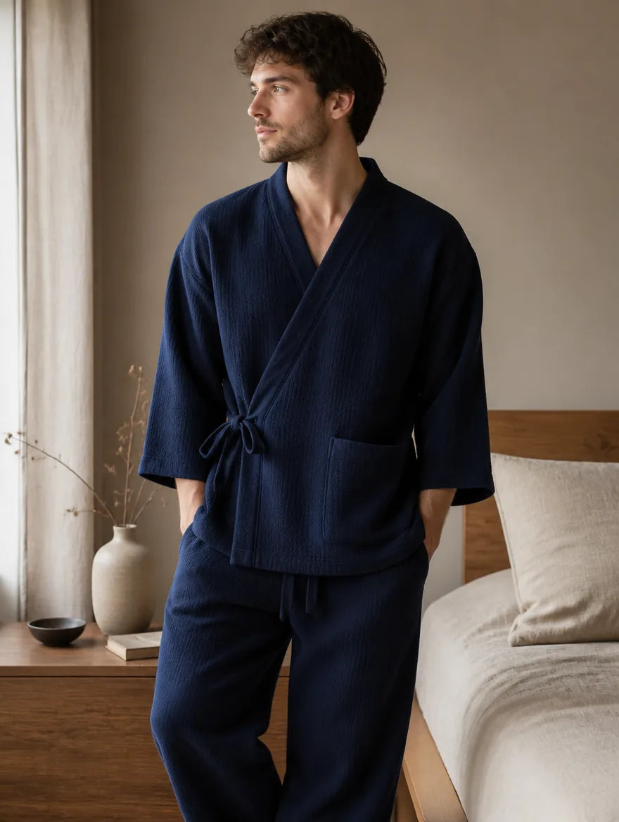 Pyjama japonais homme en coton bleu marine, veste kimono portée avec pantalon large assorti