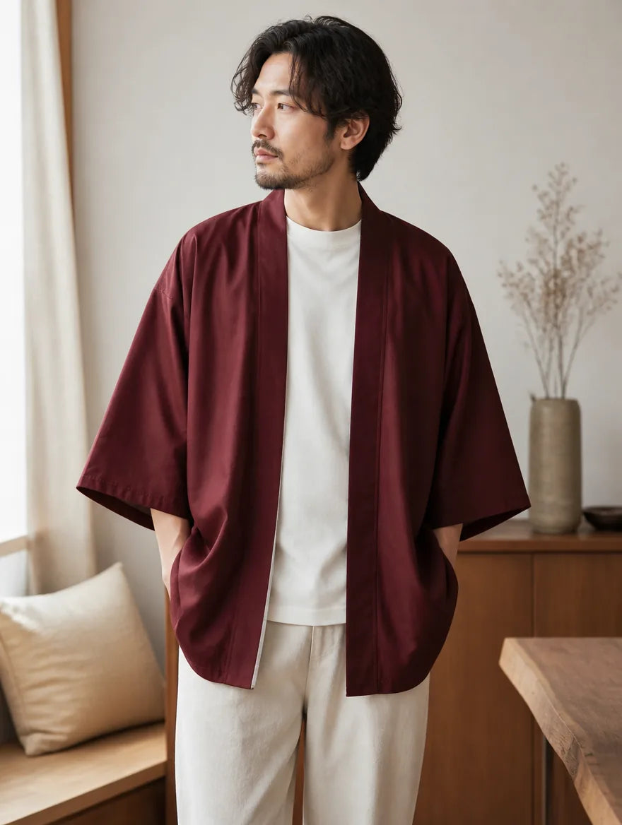 Homme portant un haori kimono cardigan bordeaux, coupe ample manches kimono