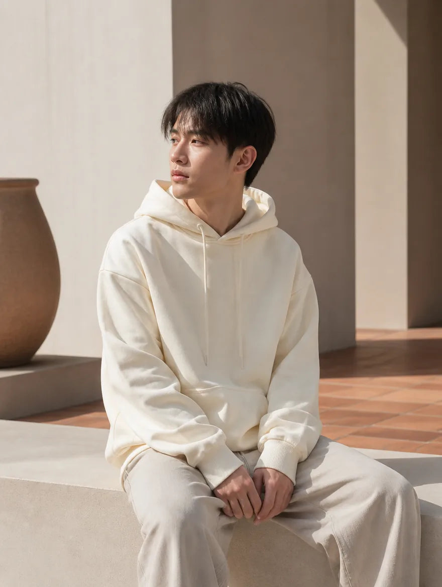 Sweat à capuche oversize japonais porté, coloris écru