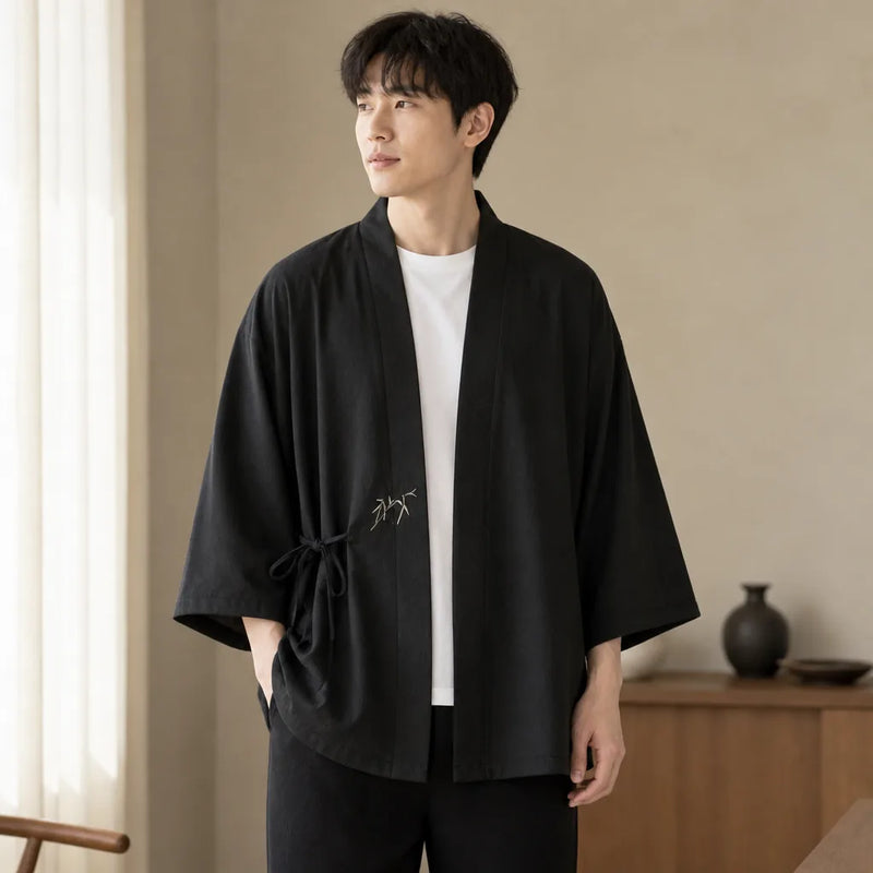 Veste courte kimono homme brodée bambou