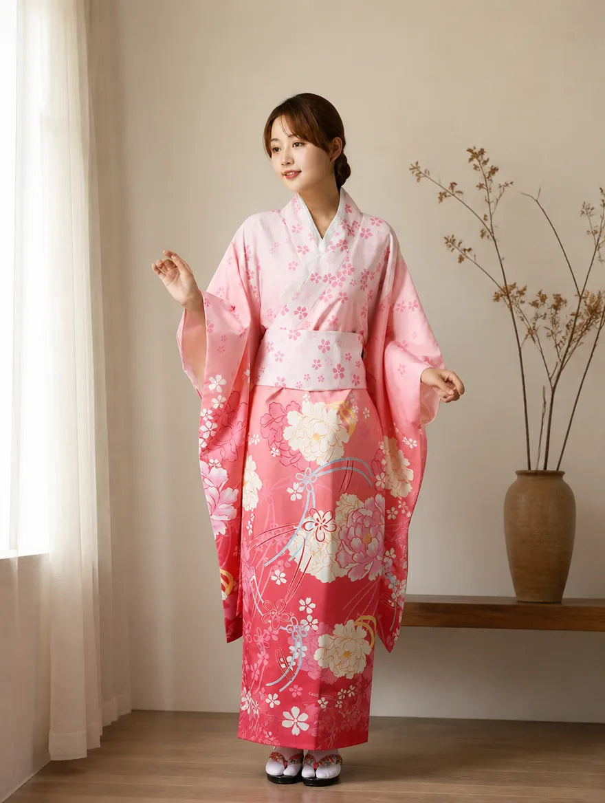 Robe kimono longue satinée fleurie