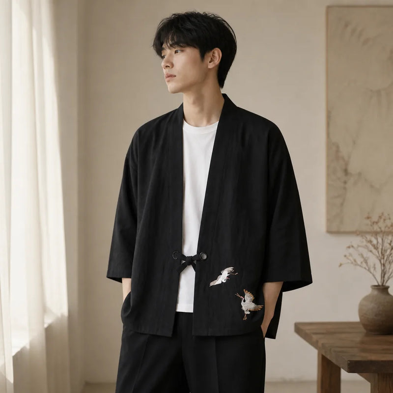 Veste Kimono Homme Brodée de Grues