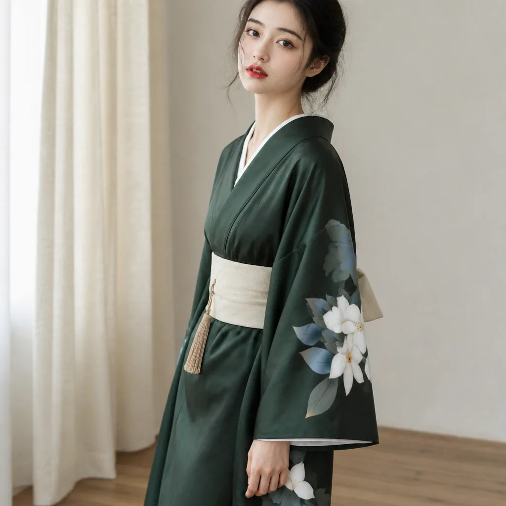 Kimono Long Vert Fleuri Japonais