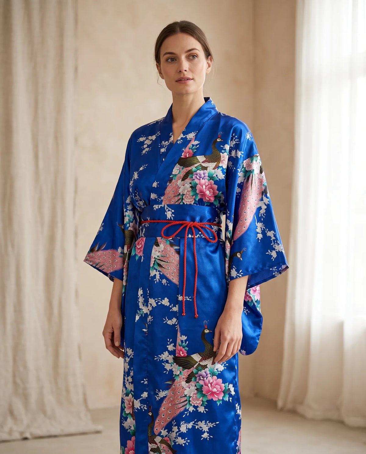 Kimono satiné style japonais bleu porté, motif paons et pivoines