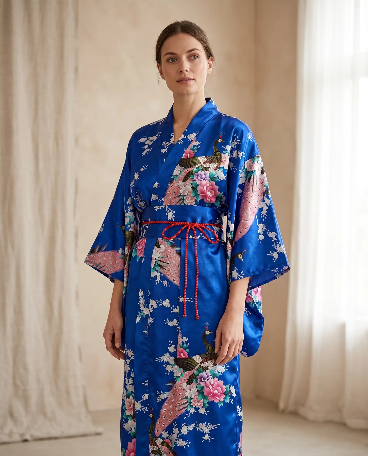 Kimono satiné style japonais bleu porté, motif paons et pivoines