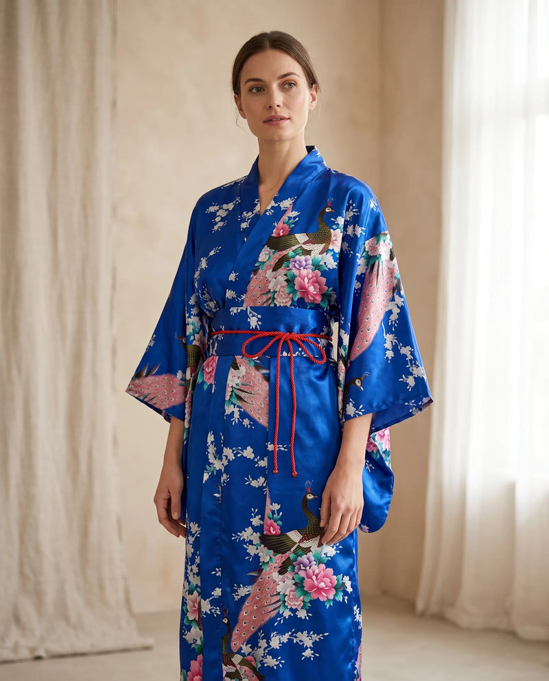 Kimono satiné style japonais bleu