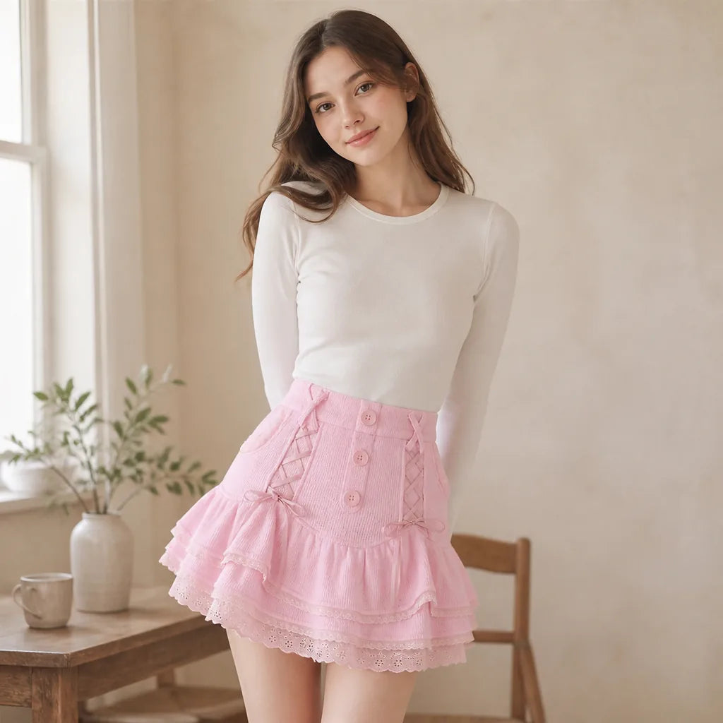 Jupe Courte Évasée Taille Haute Rose