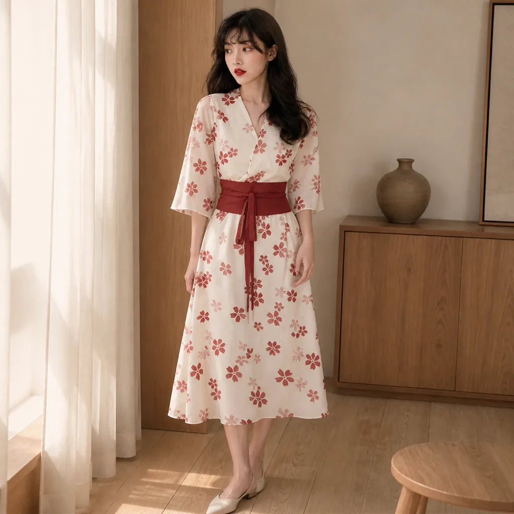 Robe Printanière Fleurie à Manches Kimono