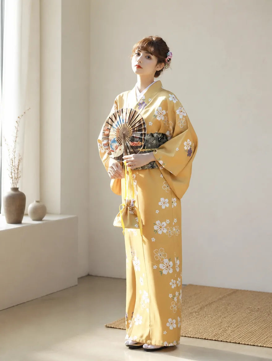 Kimono japonais jaune porté