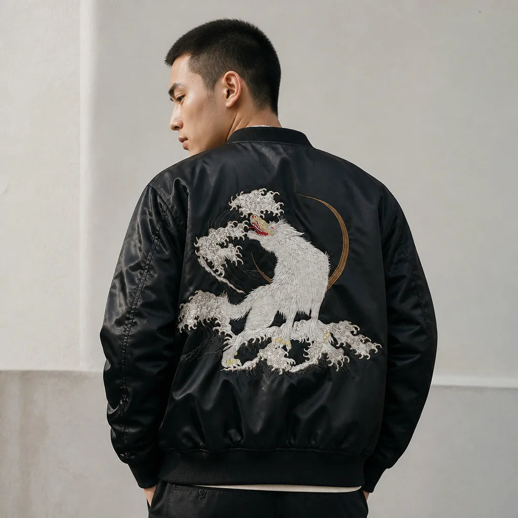 Blouson sukajan brodé loup et vagues