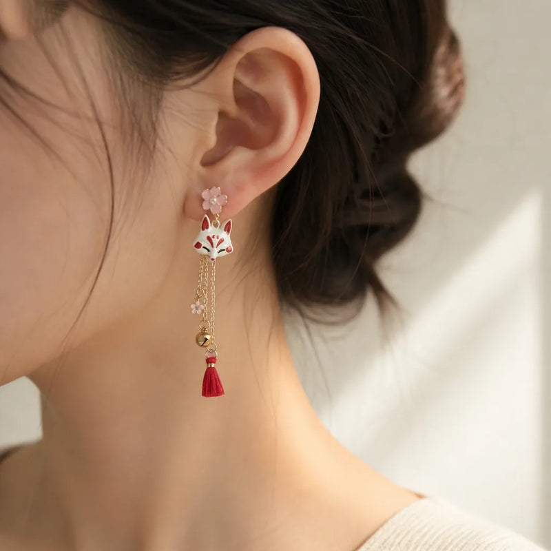 Boucles d'oreille japonaises renard et éventail