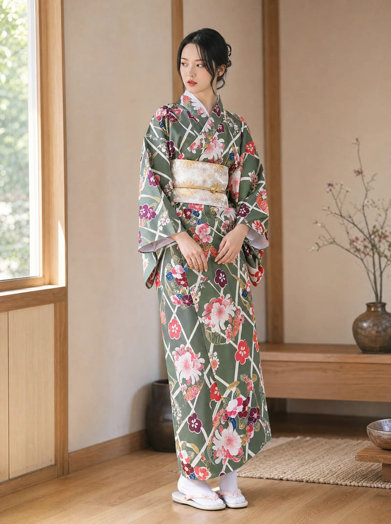 Kimono traditionnel japonais kaki