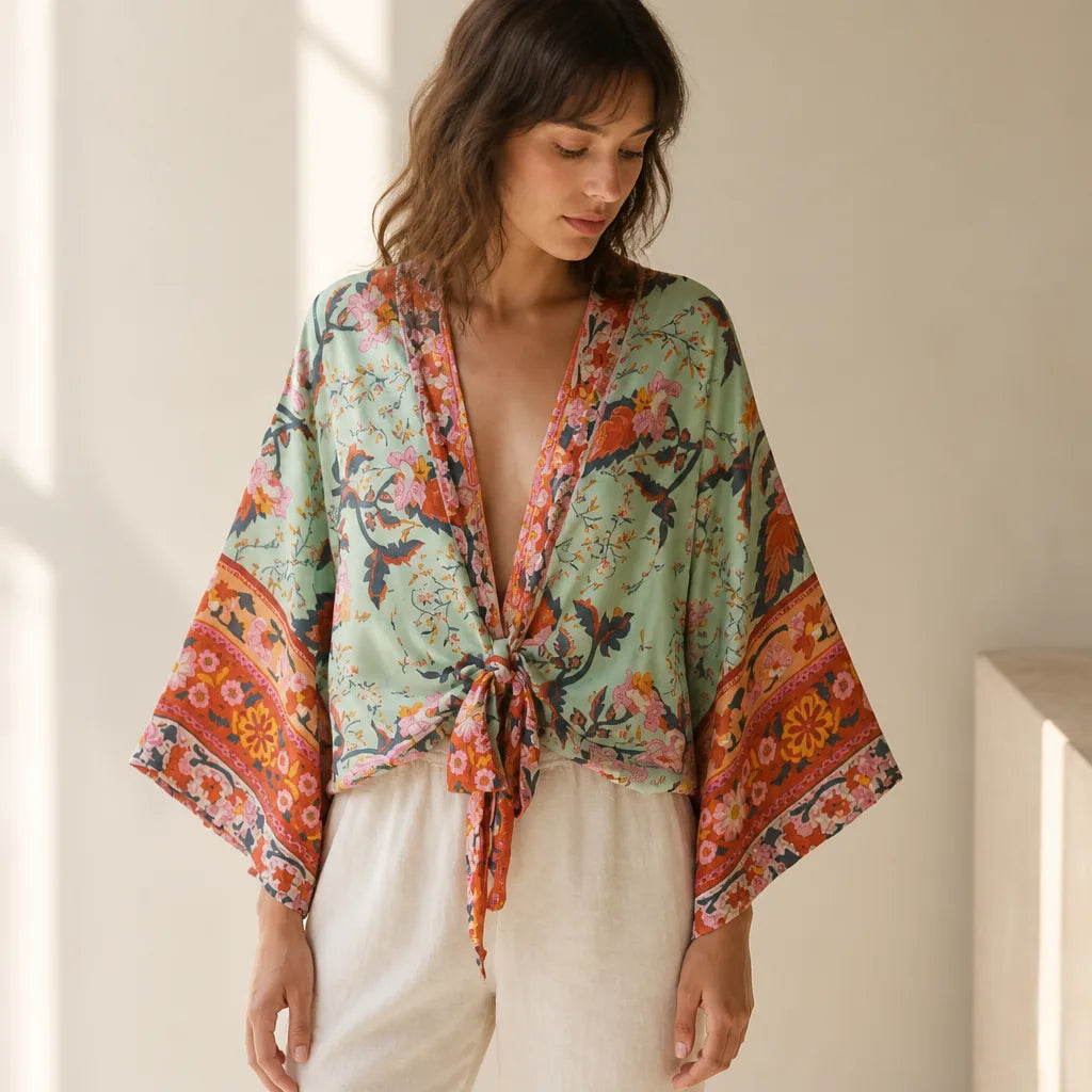 Kimono court fleuri vert grisé