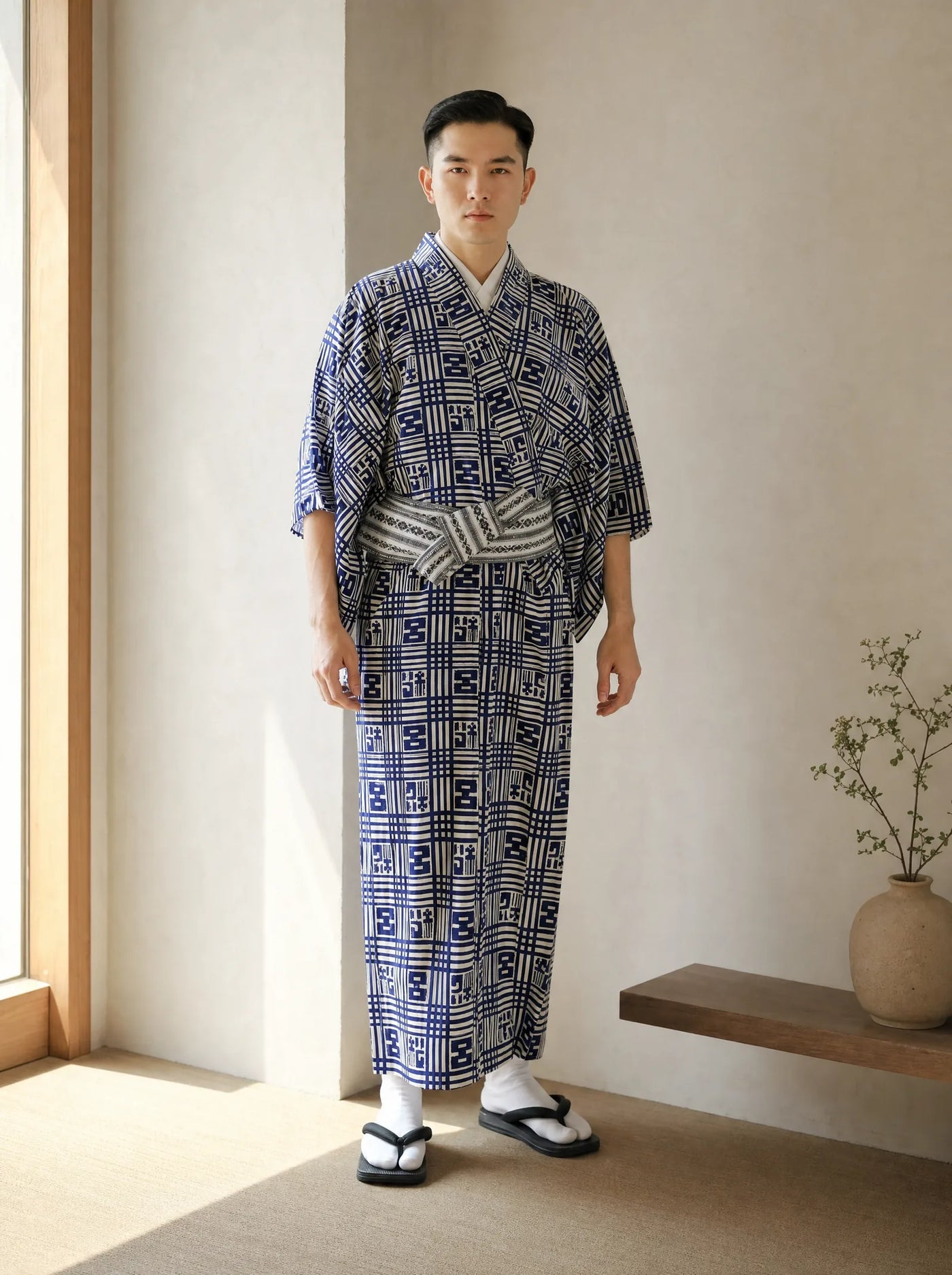 Kimono homme motif quadrillé bleu marine porté, avec ceinture obi assortie