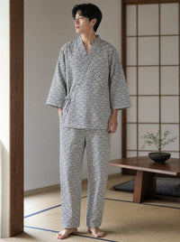 Jinbei homme motif Seigaiha porté, ensemble croisé et pantalon noir et blanc