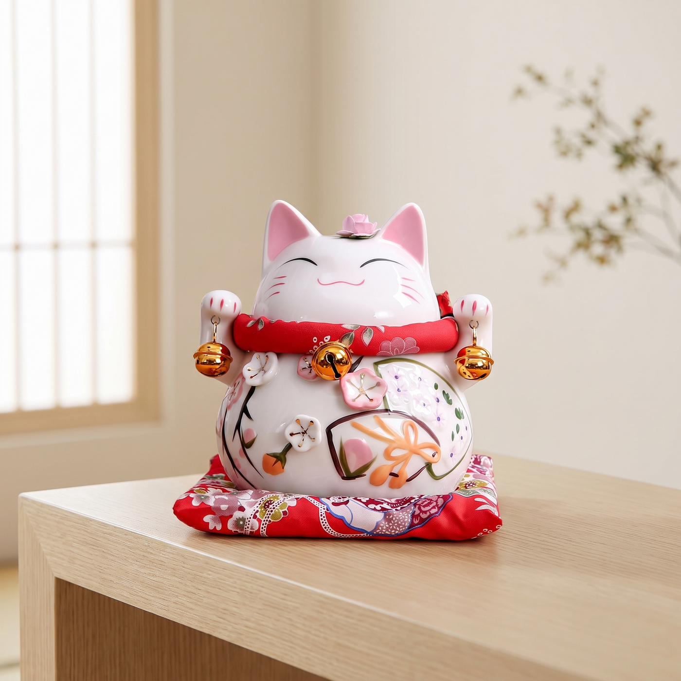 Maneki-neko fleurs en céramique émaillée, deux pattes levées et décor floral, posé sur un coussin brocart dans un intérieur clair