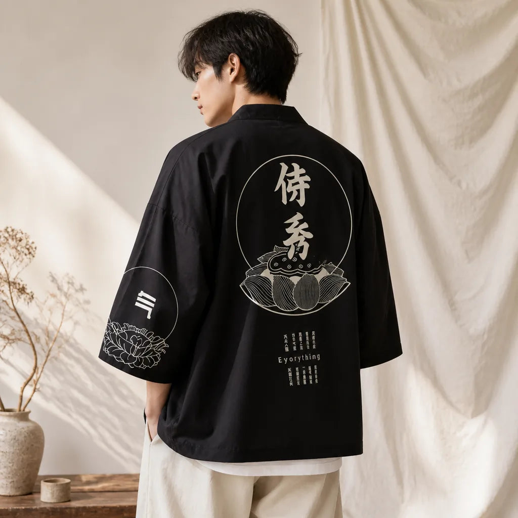 Cardigan haori kimono noir élégant