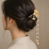 Épingle à cheveux dorée éventail et perles
