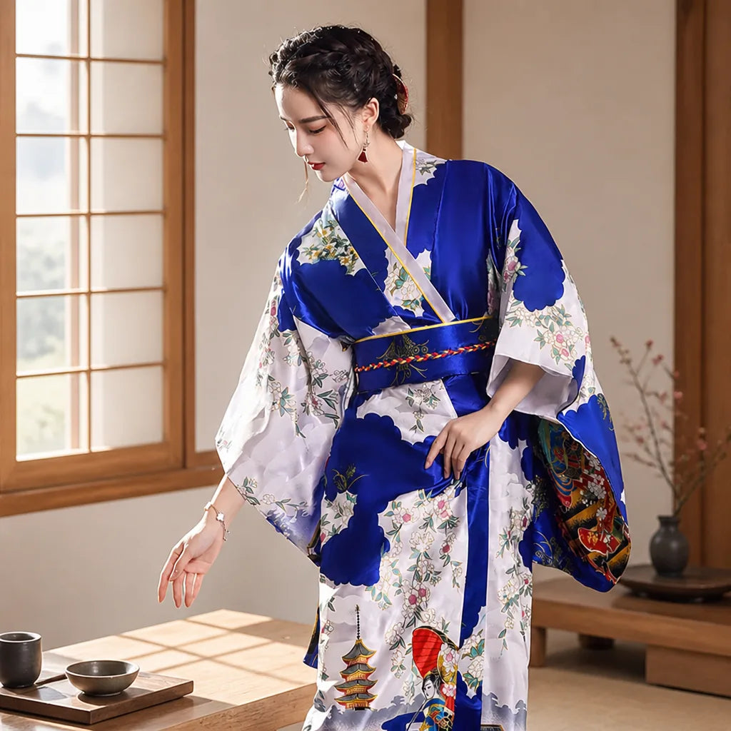 Kimono long satiné obi tressé