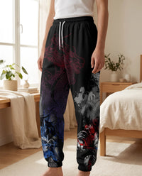 Pantalon japonais style jogging motif dragon porté, dégradé bleu et rouge