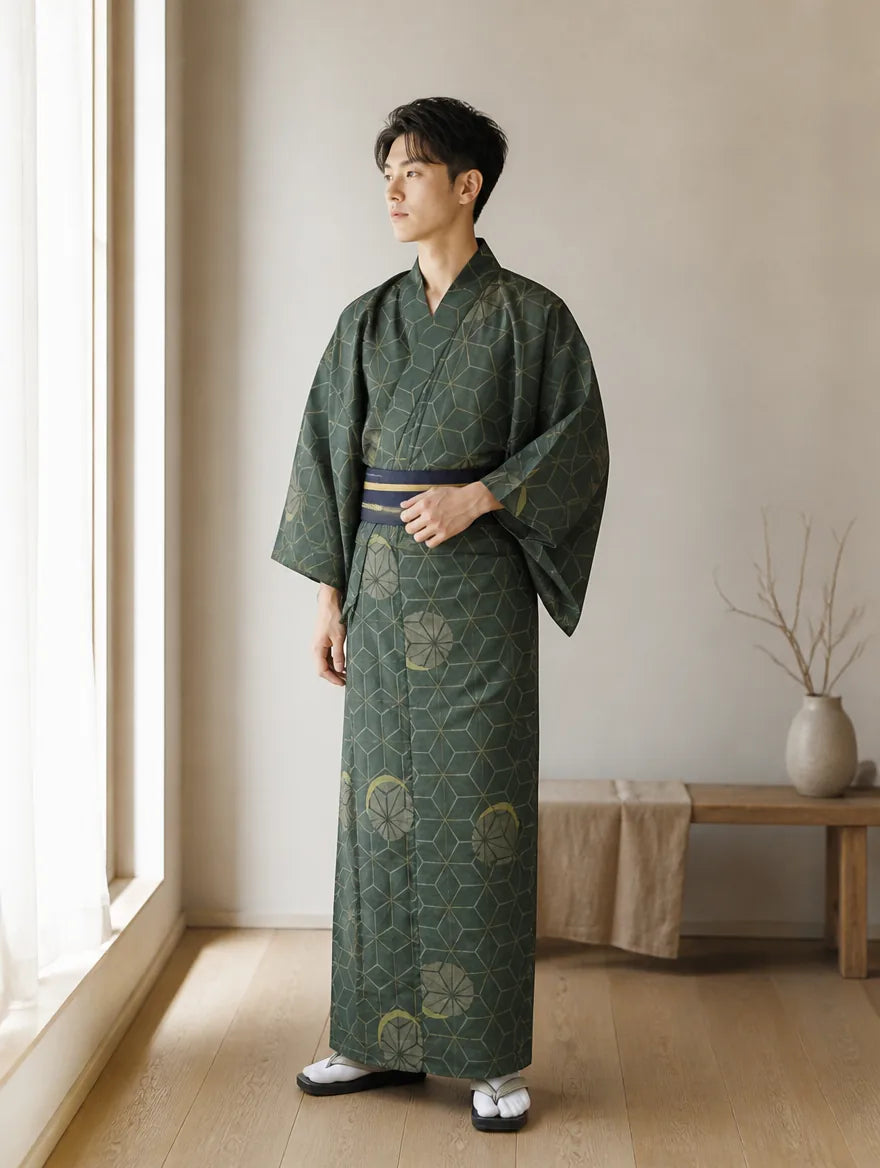 Kimono homme traditionnel vert porté