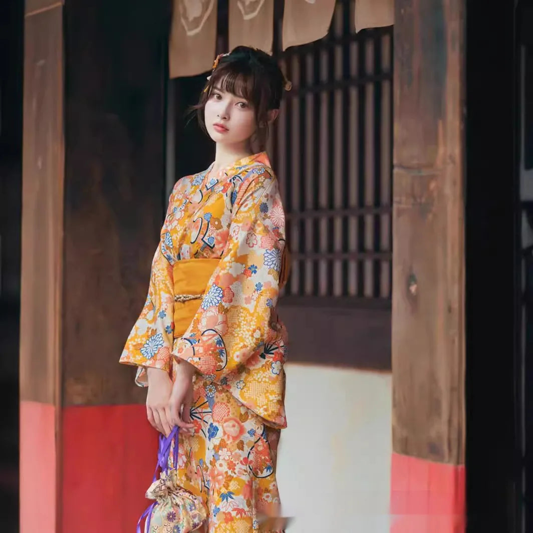 Kimono Japonais Femme Orange Floral