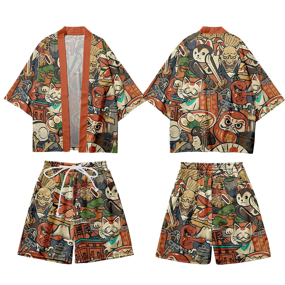 Ensemble kimono et short imprimé japonais, coloris Icônes du Japon