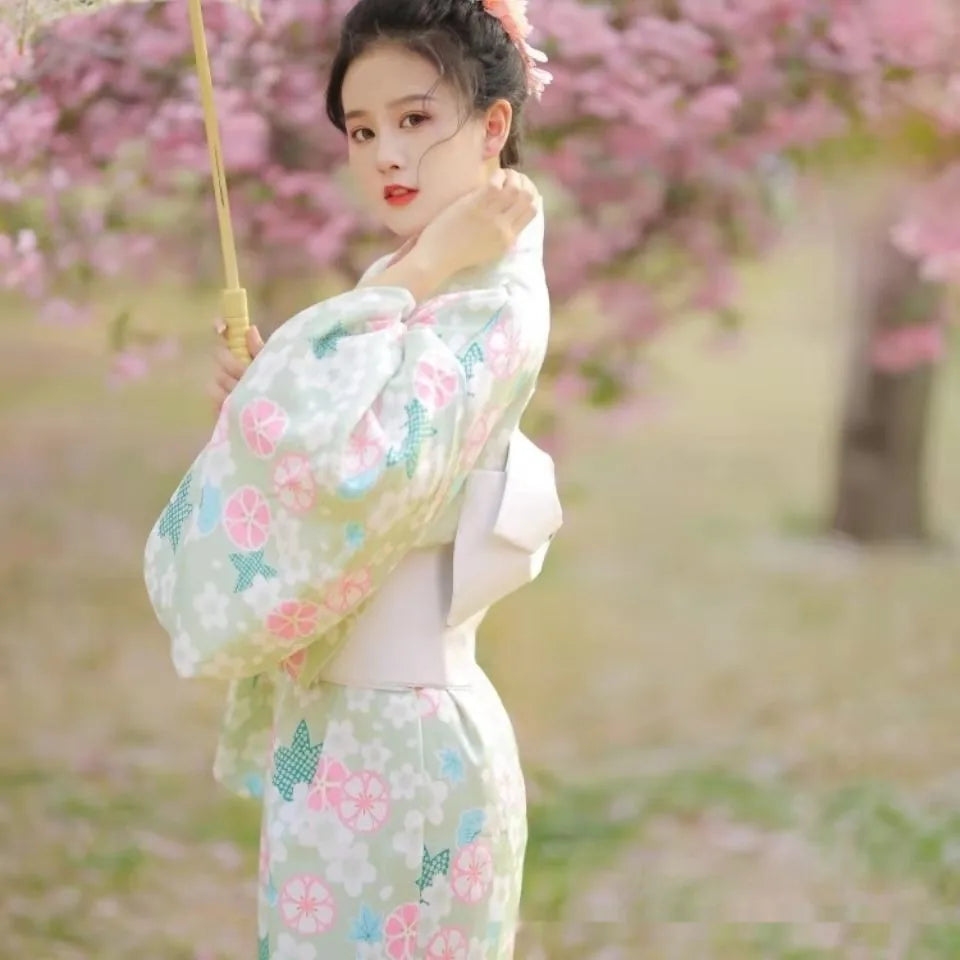 Kimono long fleuri obi large