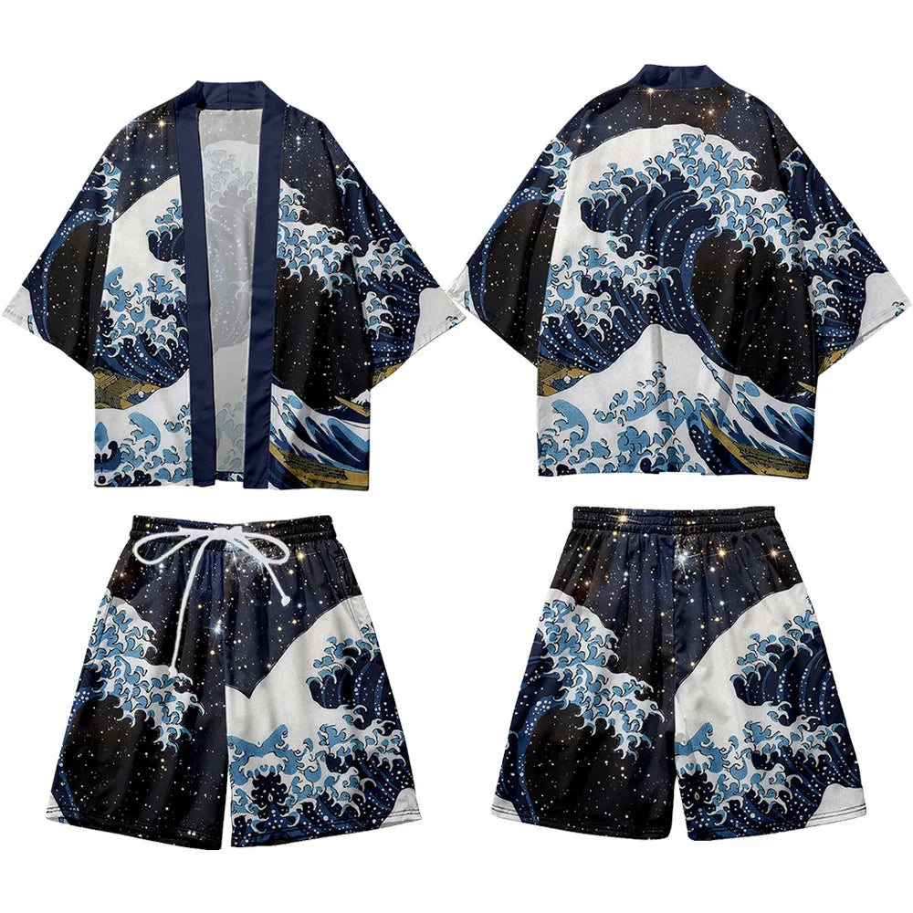 Ensemble kimono et short imprimé japonais, coloris Vagues nocturnes